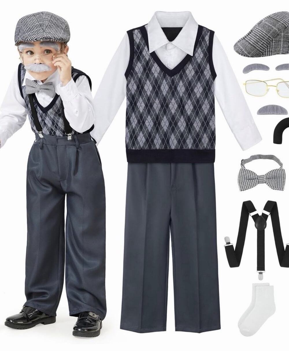 FancyFun 8 Pc 100 Days School Old Man Costume Kids Grandpa Dress Up Set 8-10Y